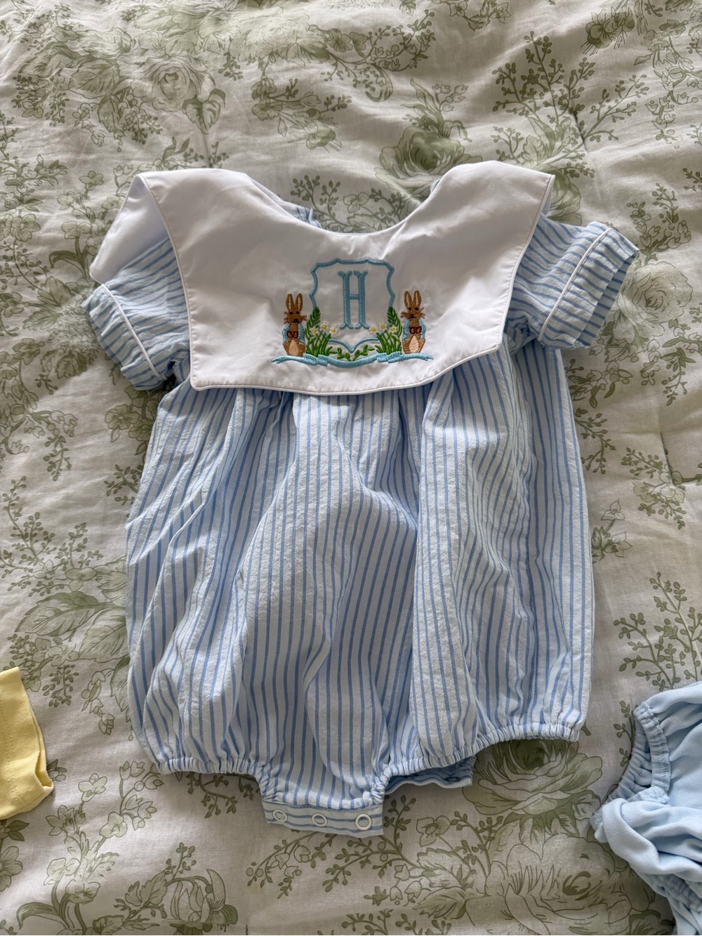 Blue Striped Baby One-Piece with Embroidered Sailor Collar